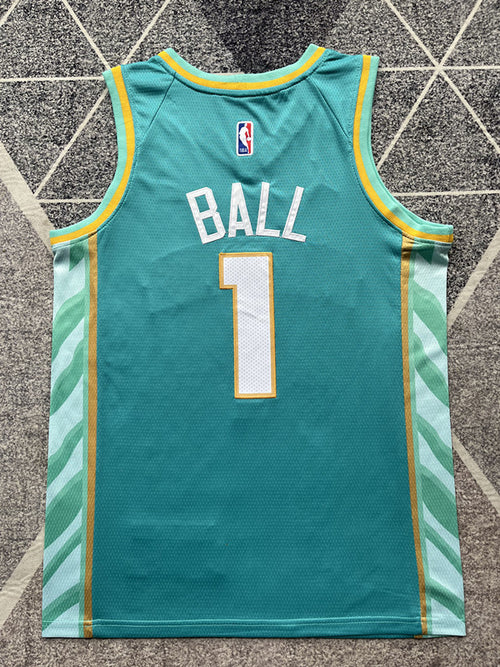 Green Charlotte Hornets basketball jersey, full back view