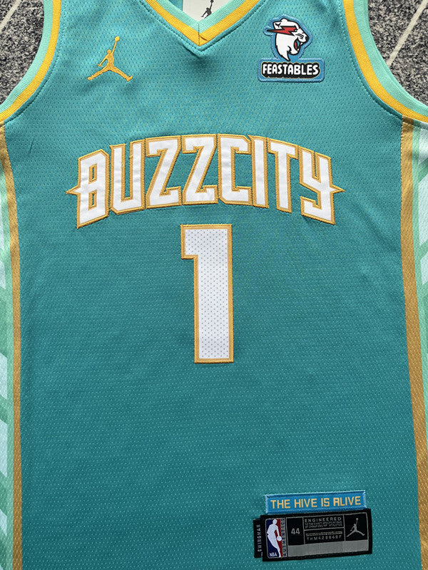 Green Charlotte Hornets basketball jersey, front graphic detail