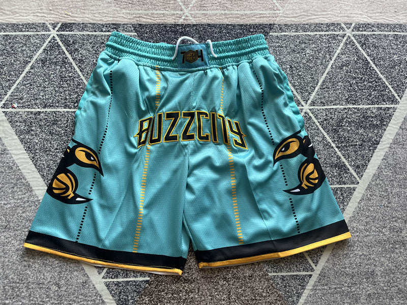 Green Charlotte Hornets premium basketball shorts, full front view