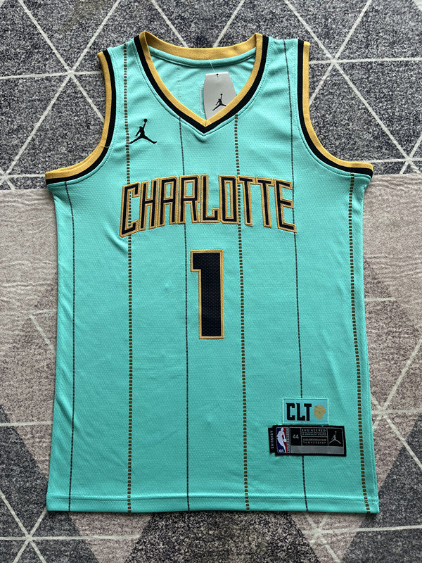 Green Charlotte Hornets basketball jersey, full front view