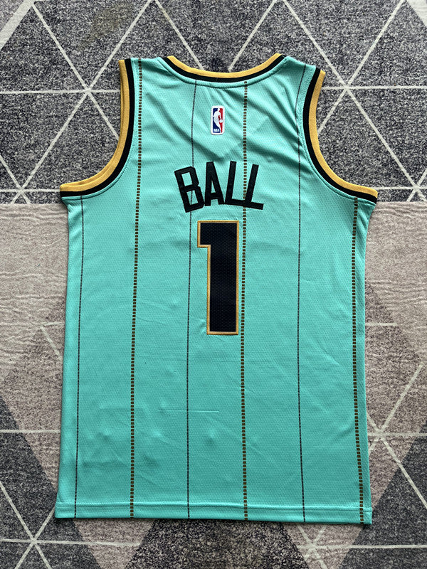 Green Charlotte Hornets basketball jersey, full back view