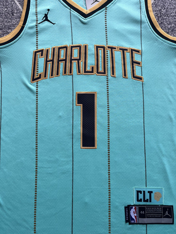 Green Charlotte Hornets basketball jersey, front graphic detail
