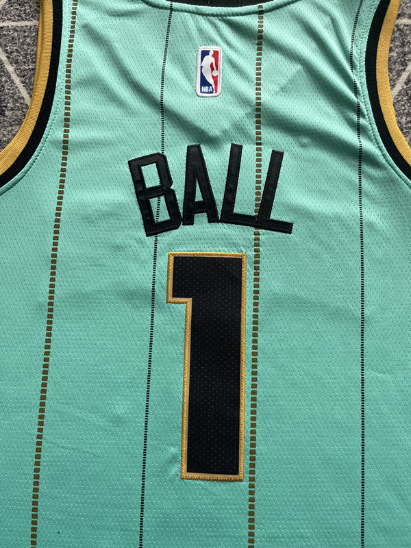 Green Charlotte Hornets basketball jersey, back lettering and number detail
