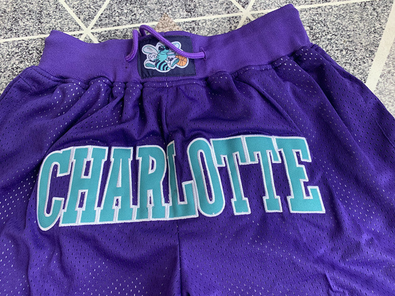 Multi-color Charlotte Hornets premium basketball shorts, graphic detail
