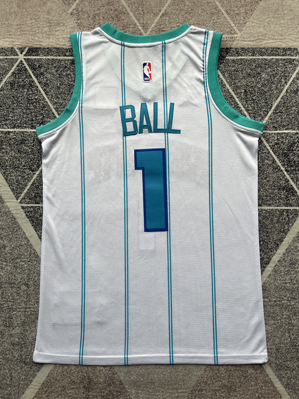 White Charlotte Hornets basketball jersey, full back view