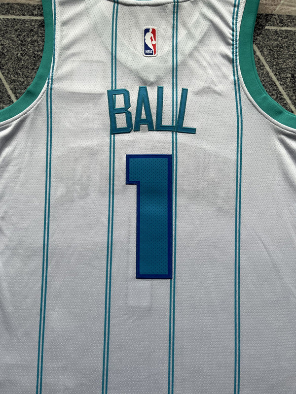 White Charlotte Hornets basketball jersey, back lettering and number detail