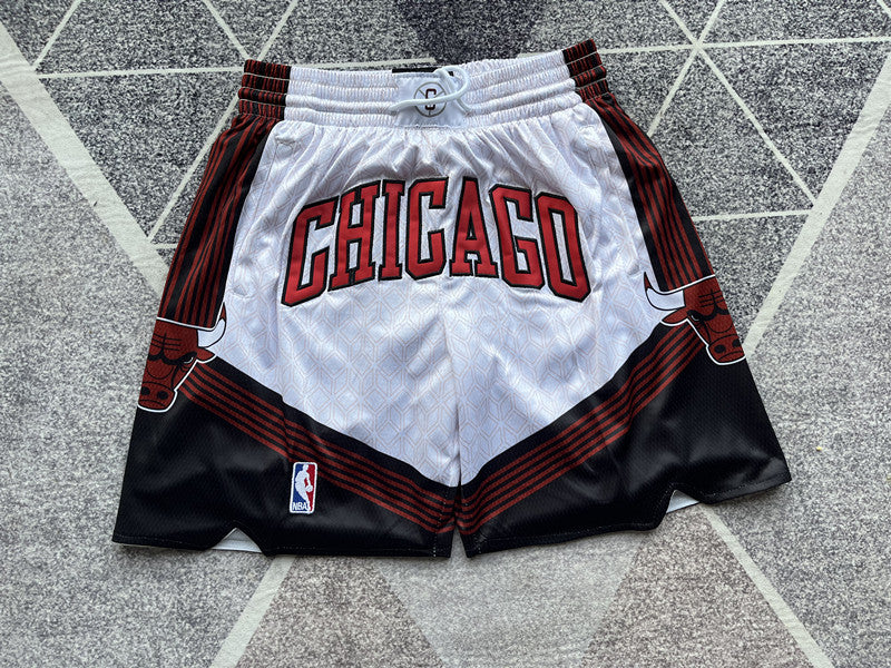Multi-color Chicago Bulls premium basketball shorts, full front view