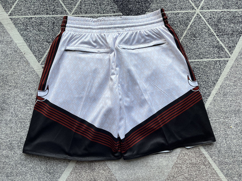Multi-color Chicago Bulls premium basketball shorts, full back view