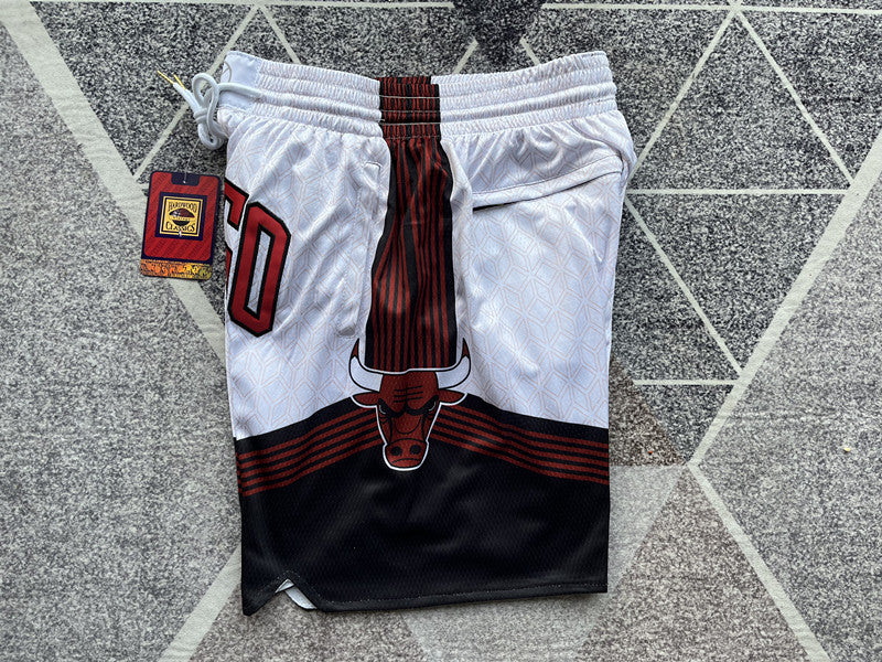 Multi-color Chicago Bulls premium basketball shorts, side panel detail