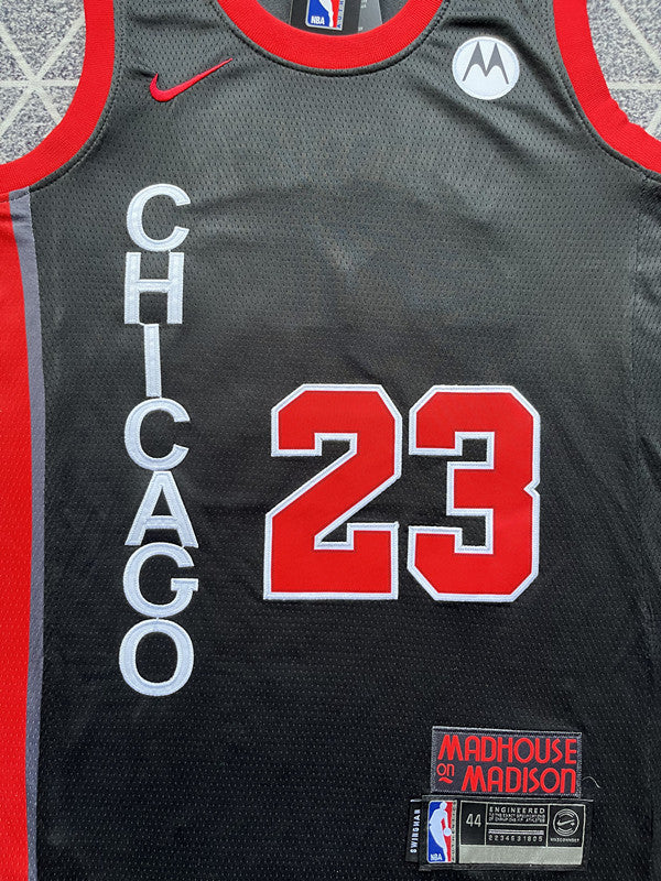 Black Chicago Bulls basketball jersey, front graphic detail
