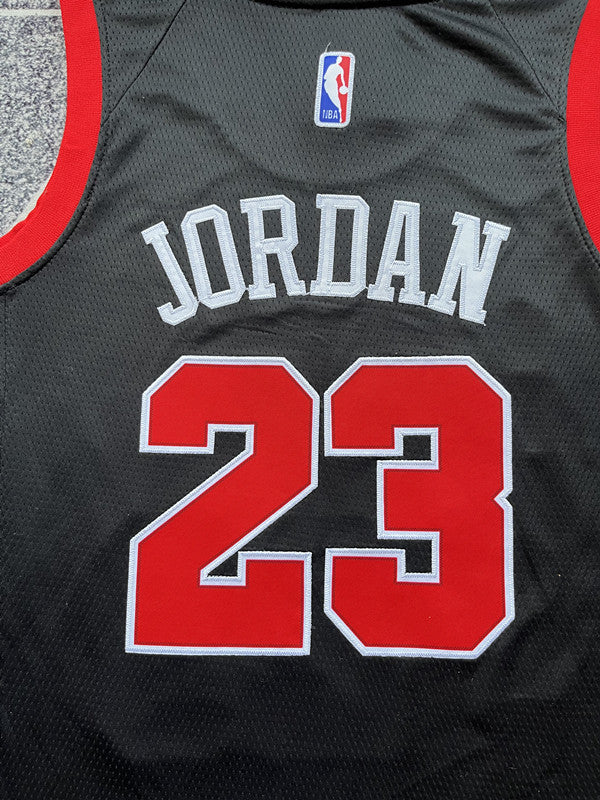 Black Chicago Bulls basketball jersey, back lettering and number detail
