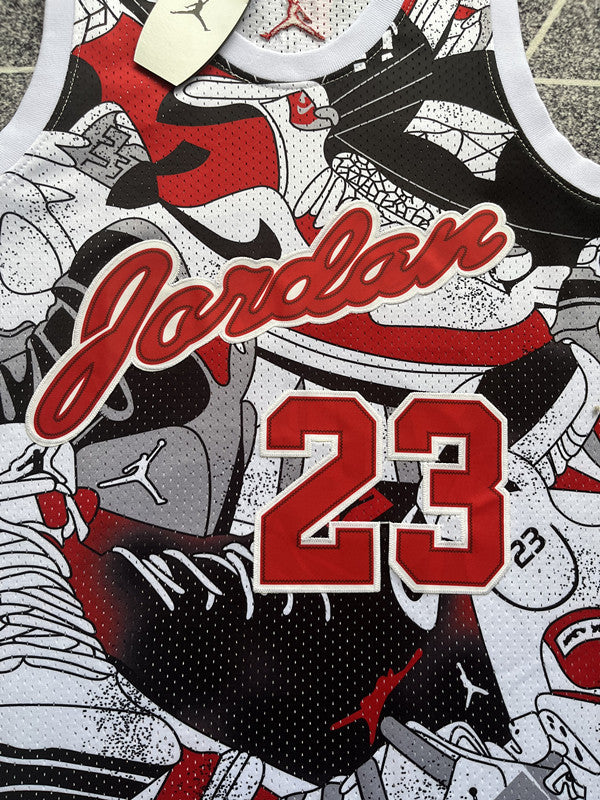 Multi-color Chicago Bulls basketball jersey, front graphic detail