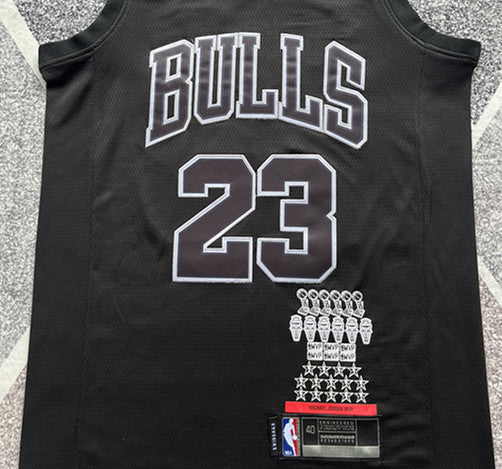 Black Chicago Bulls basketball jersey, front graphic detail