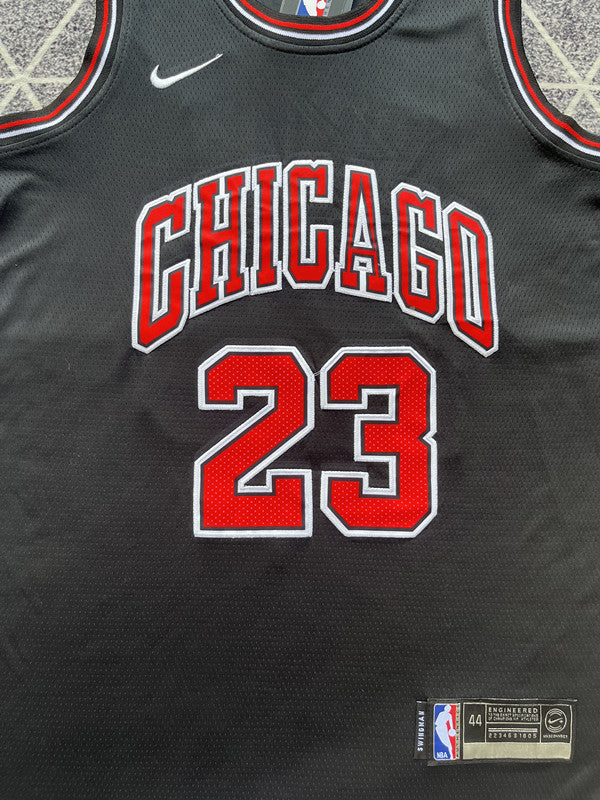 Black Chicago Bulls basketball jersey, front graphic detail