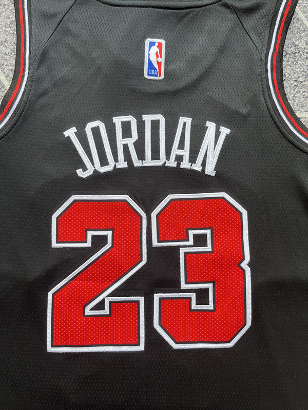Black Chicago Bulls basketball jersey, back lettering and number detail