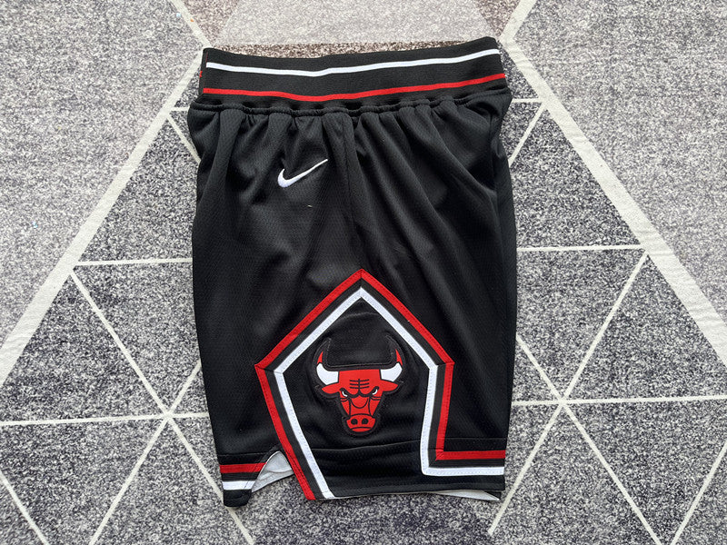 Black Chicago Bulls basketball shorts, side panel detail