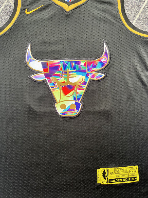 Black and Gold Chicago Bulls basketball jersey, front graphic detail