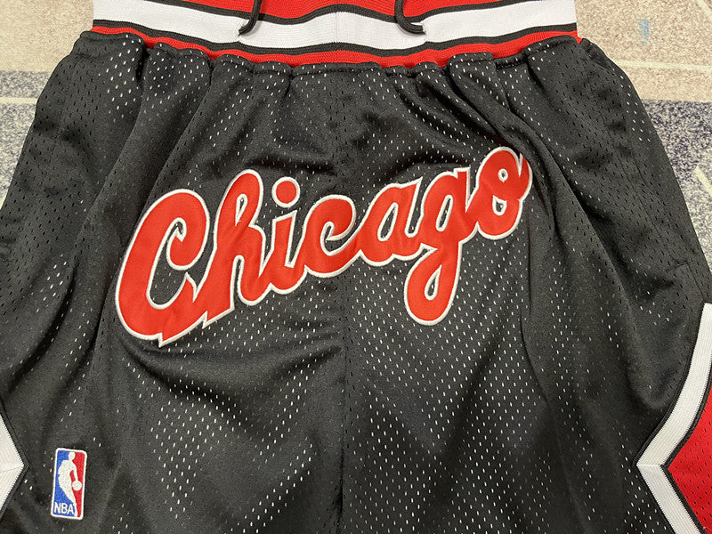 Black Chicago Bulls premium basketball shorts, graphic detail