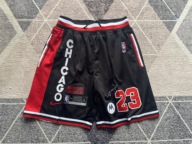 Black Chicago Bulls premium basketball shorts, full front view
