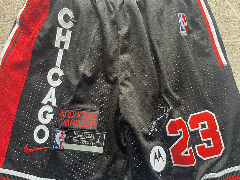 Black Chicago Bulls premium basketball shorts, waistband and label detail