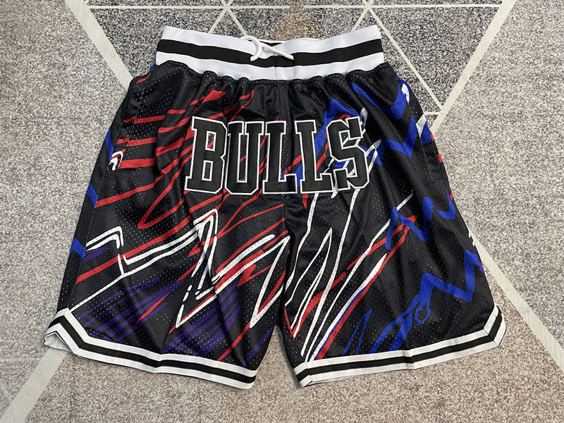 Black Chicago Bulls premium basketball shorts, full front view
