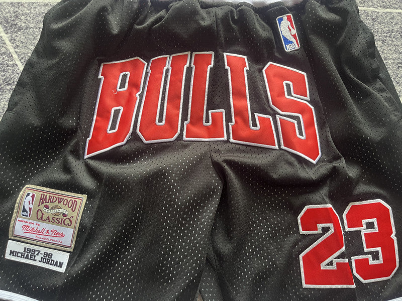 Black Chicago Bulls premium basketball shorts, graphic detail