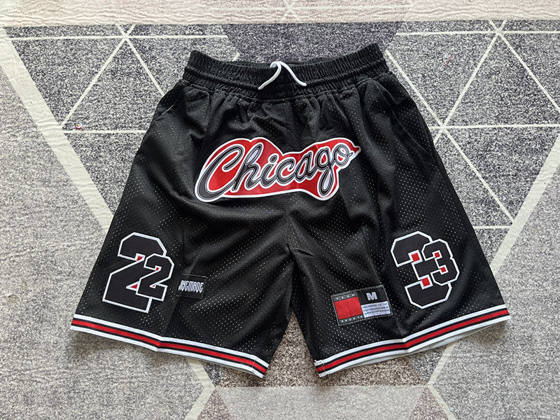 Black Chicago Bulls premium basketball shorts, full front view