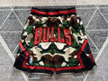 Multi-color Chicago Bulls premium basketball shorts, full front view