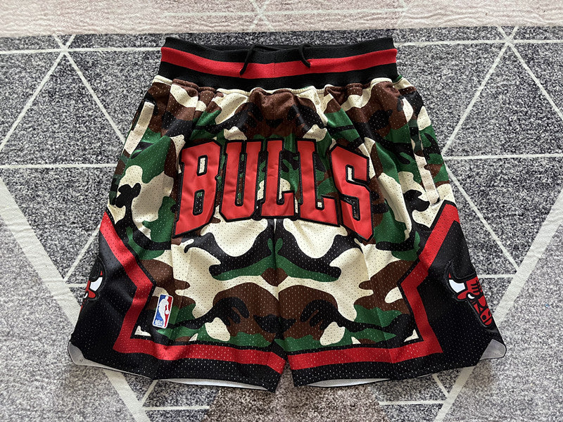 Multi-color Chicago Bulls premium basketball shorts, full front view