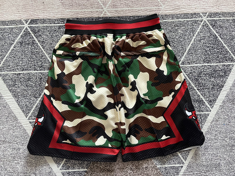 Multi-color Chicago Bulls premium basketball shorts, full back view