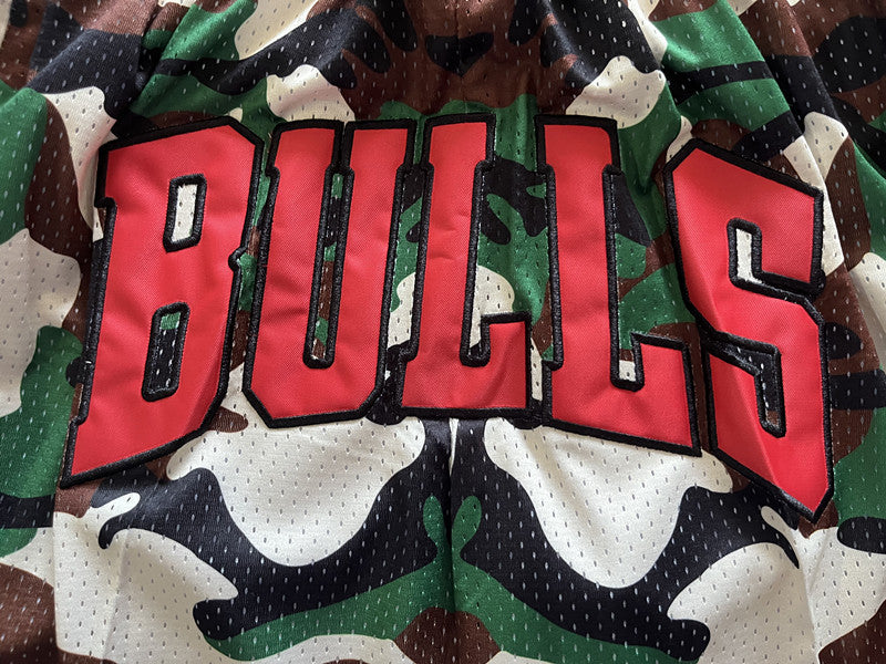 Multi-color Chicago Bulls premium basketball shorts, graphic detail