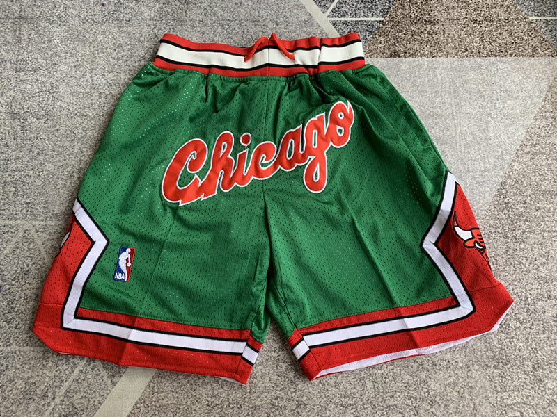 Green Chicago Bulls premium basketball shorts, full front view