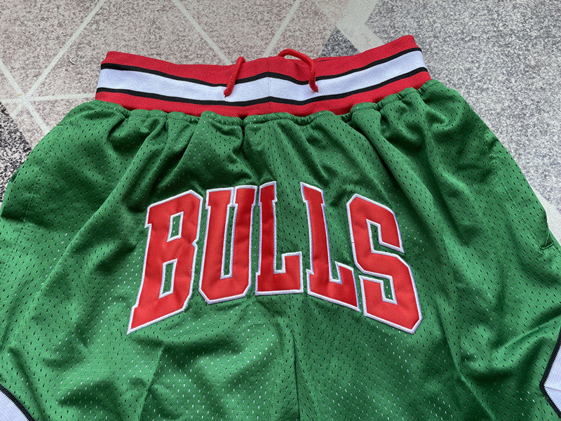 Green Chicago Bulls premium basketball shorts, graphic detail