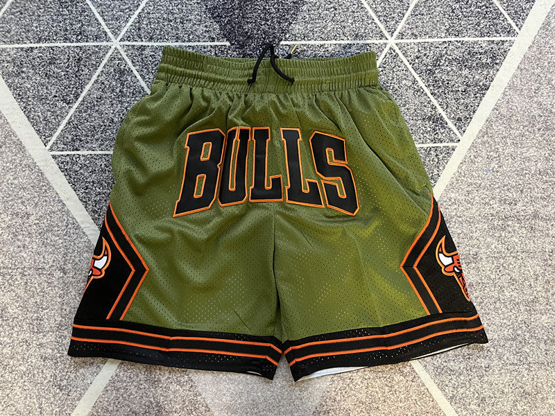 Olive Chicago Bulls premium basketball shorts, full front view