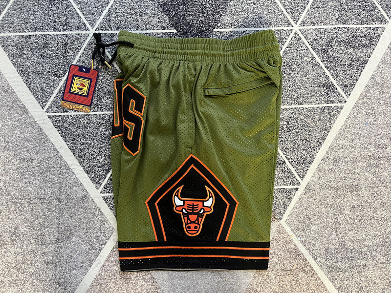 Olive Chicago Bulls premium basketball shorts, side panel detail