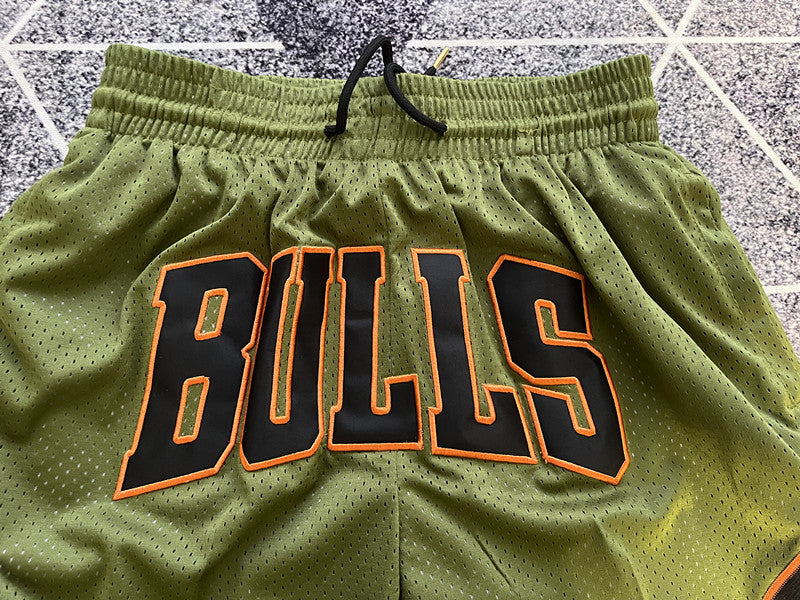 Olive Chicago Bulls premium basketball shorts, waistband and label detail