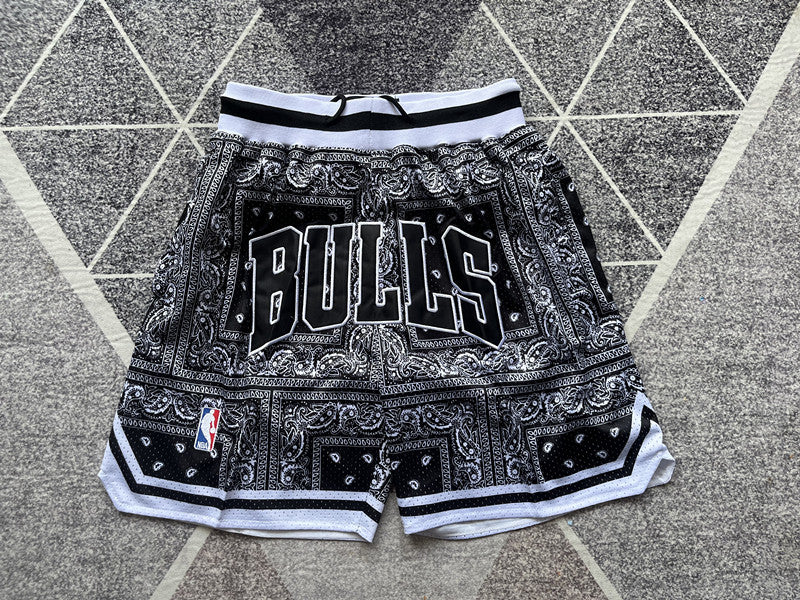Multi-color Chicago Bulls premium basketball shorts, full front view