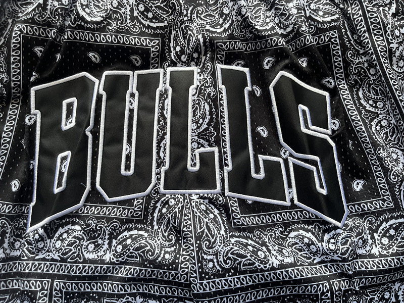 Multi-color Chicago Bulls premium basketball shorts, graphic detail