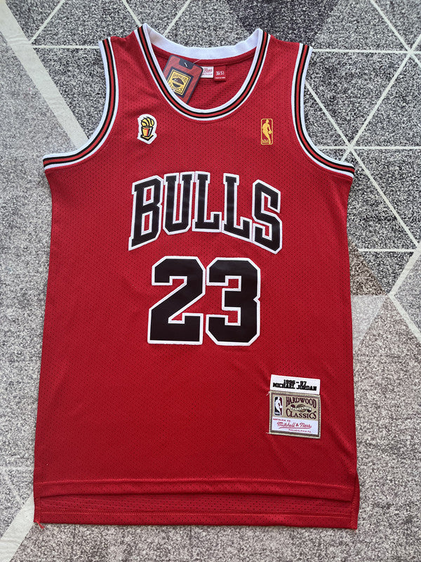 Red Chicago Bulls basketball jersey, full front view