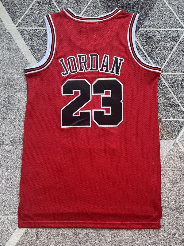Red Chicago Bulls basketball jersey, full back view