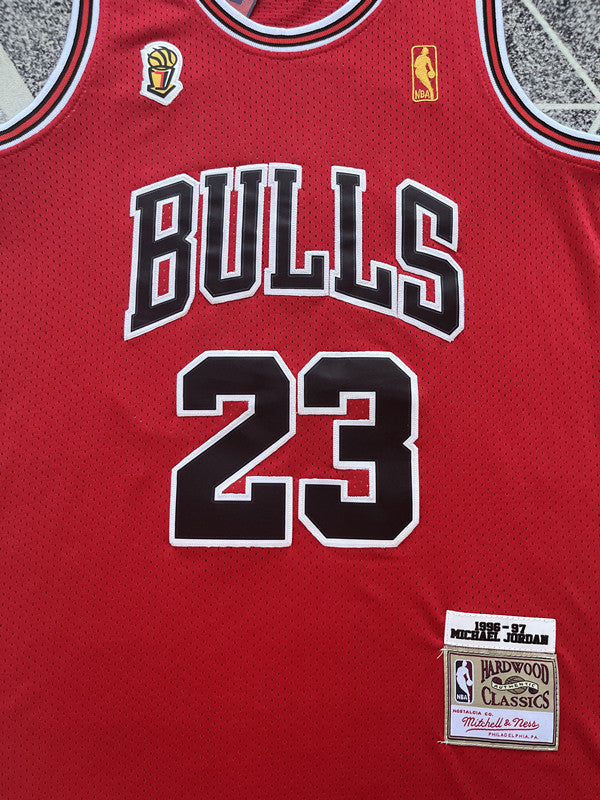 Red Chicago Bulls basketball jersey, front graphic detail