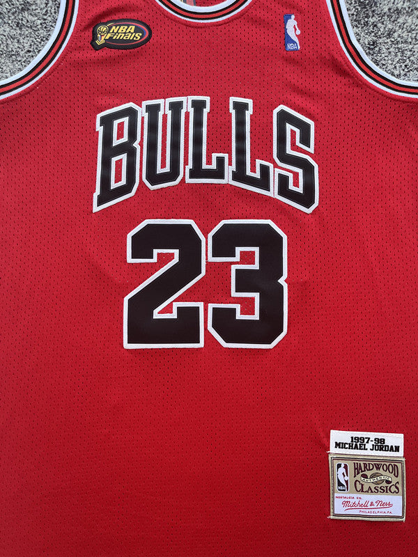 Red Chicago Bulls basketball jersey, front graphic detail