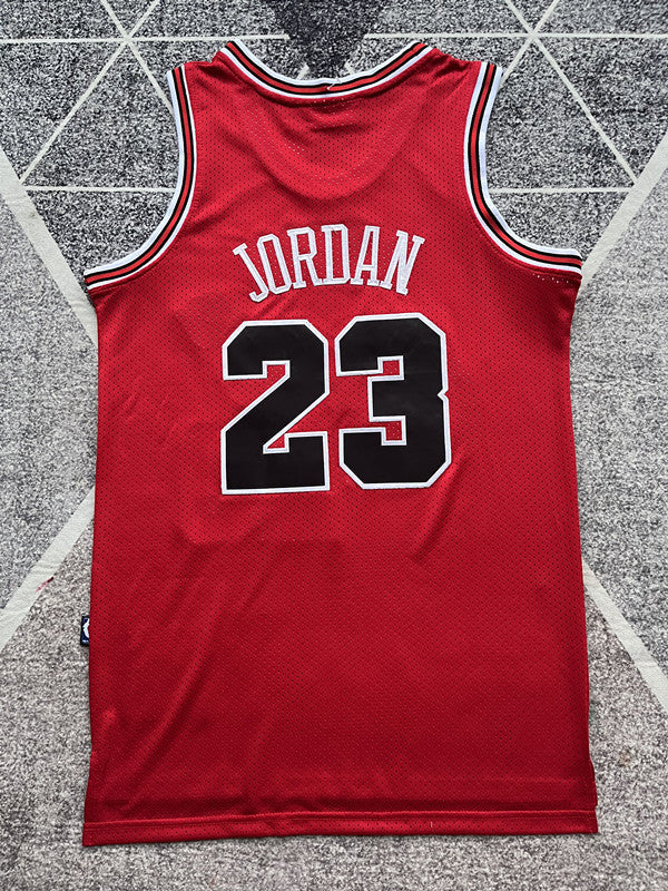 Red Chicago Bulls basketball jersey, full back view