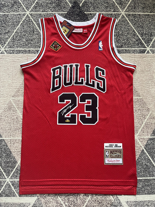 Red Chicago Bulls basketball jersey, full front view
