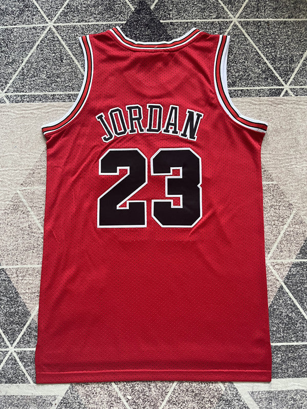 Red Chicago Bulls basketball jersey, full back view