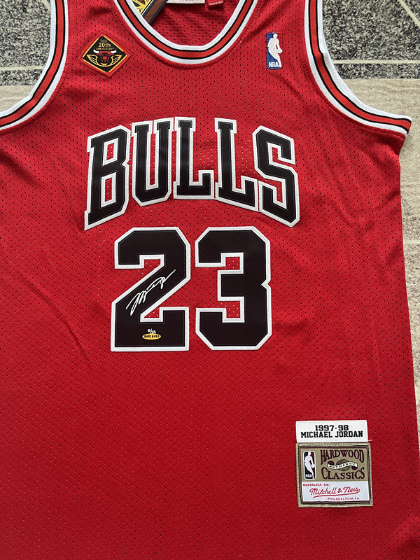 Red Chicago Bulls basketball jersey, front graphic detail