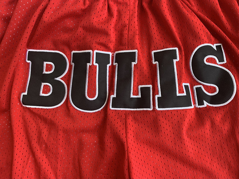 Red Chicago Bulls premium basketball shorts, graphic detail