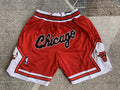 Red Chicago Bulls premium basketball shorts, full front view