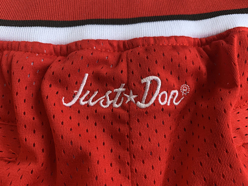 Red Chicago Bulls premium basketball shorts, waistband and label detail