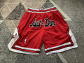 Red Chicago Bulls premium basketball shorts, full front view